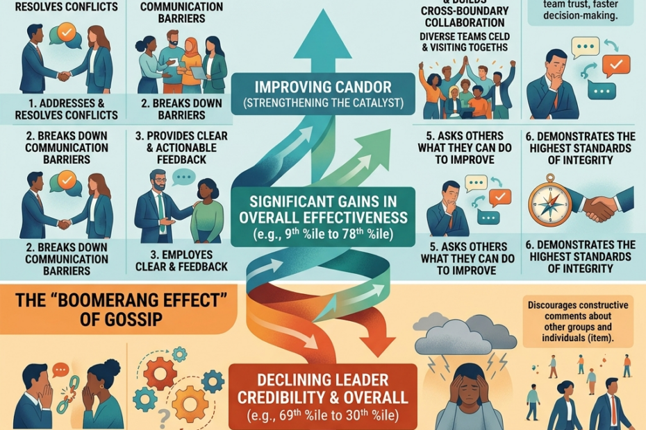 Square infographic titled 'THE RIPPLE EFFECT OF COMMUNICATION BEHAVIOR' contrasting 'THE UPWARD SPIRAL OF CANDOR' showing a rise to the 78th percentile with 'THE BOOMERANG EFFECT OF GOSSIP' showing a decline to the 30th percentile.