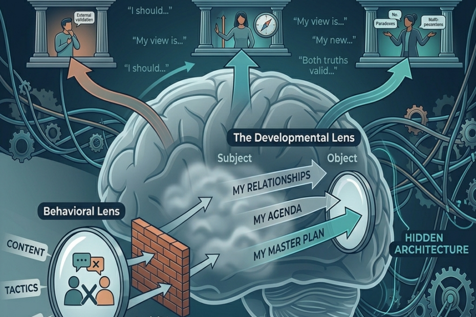 Conceptual diagram of Kegan and Lahey's three adult mindsets—Socialized, Self-Authoring, and Self-Transforming—visualized through a brain and the structural shift from subject to object in developmental coaching.