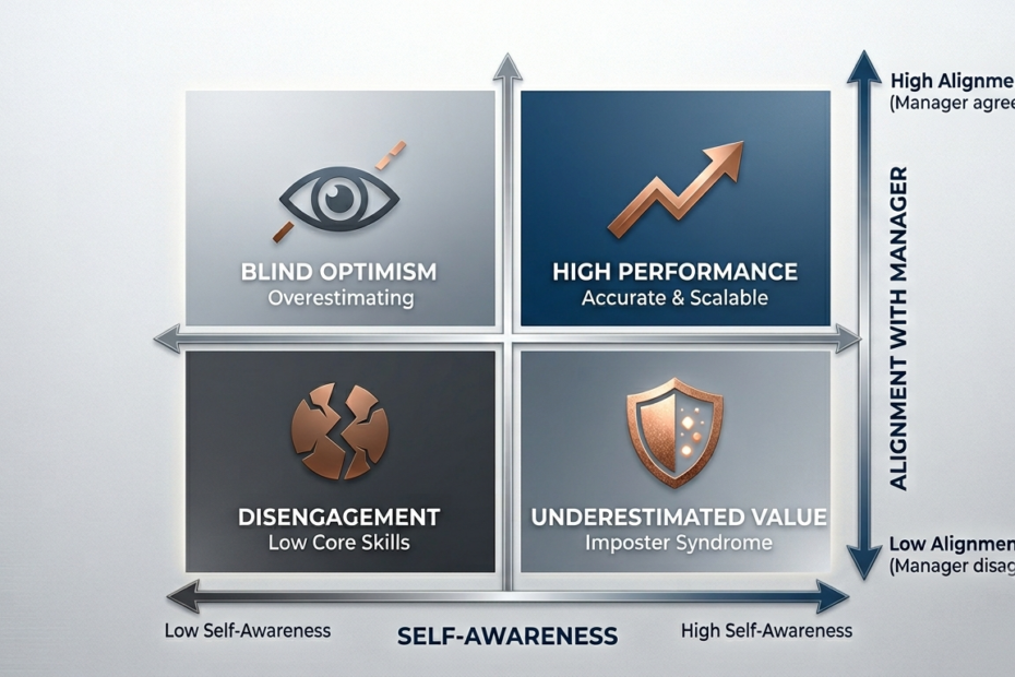 A 2x2 performance matrix chart balancing Self-Awareness against Alignment with Manager, featuring four quadrants: Blind Optimism, High Performance, Disengagement, and Underestimated Value.
