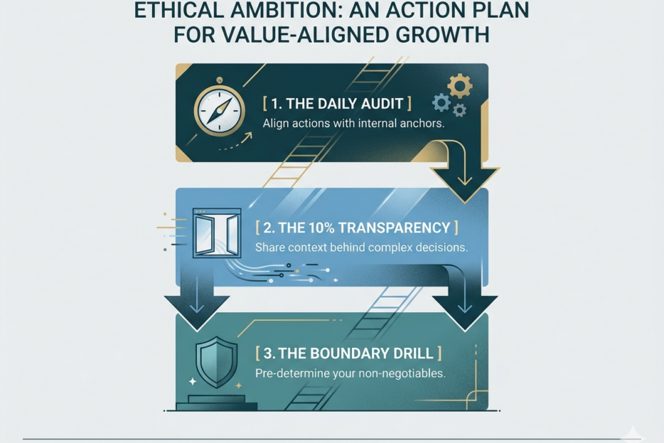 An infographic chart showing a 3-step action plan for value-aligned growth, featuring a daily audit, transparency, and boundary drills with corporate icons.