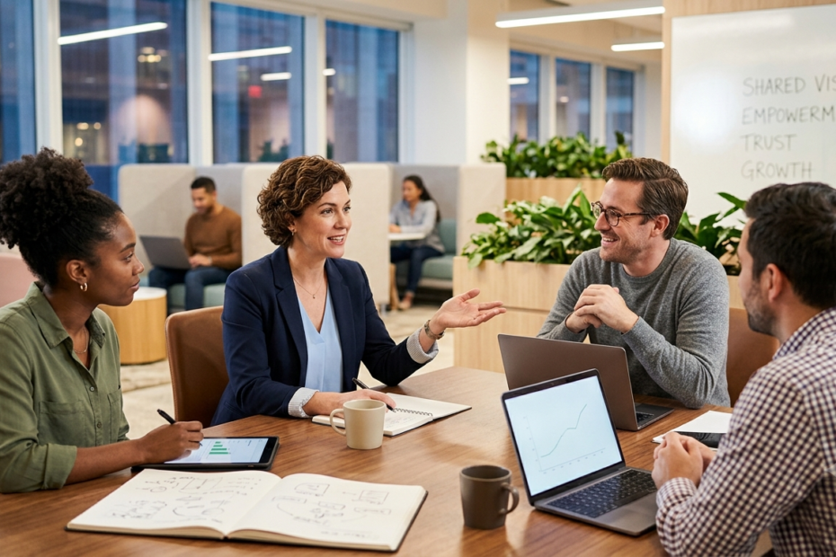 A diverse group of four professionals holds a positive and focused business meeting around a modern wooden conference table in a bright, contemporary open-plan office. A woman in a navy blazer, acting as the leader, is speaking and gesturing to a smiling man with glasses, while a colleague next to her takes notes on a tablet and a fourth person listens. Open notebooks, laptops, and coffee mugs are on the table. In the background, a large whiteboard is visible with legible text reading: "SHARED VISION, EMPOWERMENT, TRUST, GROWTH." Natural light streams through large windows at dusk, illuminating potted plants and blurred colleagues working. The atmosphere is collaborative and professional.