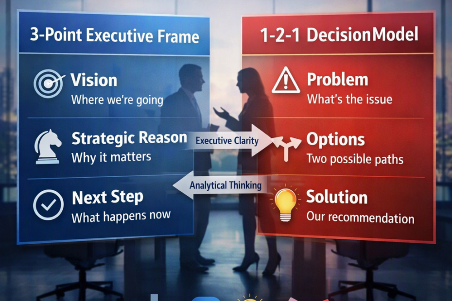 Square infographic titled “Executive Communication Frameworks,” showing two professionals discussing leadership models in a modern office.