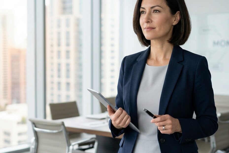 A confident professional woman in a navy blazer stands in a modern high-rise office, holding a tablet and pen, with a city skyline and meeting room in the blurred background.