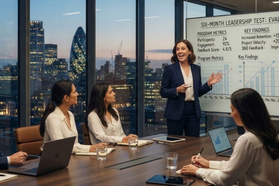 HR manager reviewing the six-month evaluation and impact metrics dashboard for a corporate leadership program in a modern boardroom.