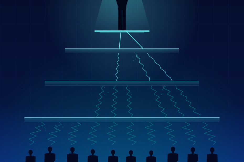 Executive alone in a spotlight above employees whose signals are blocked by layered filters before reaching the top